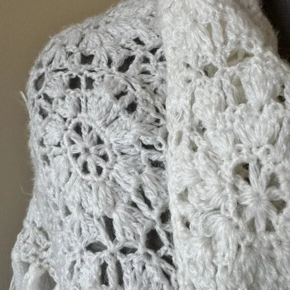 Handmade Crochet Shawl Wrap Ivory Fringe Boho Cottagecore - Picture 2 of 10